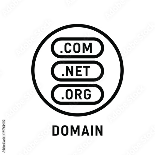 A minimalist black and white graphic displays three prominent internet top level domains com net and org within a circular design high quality