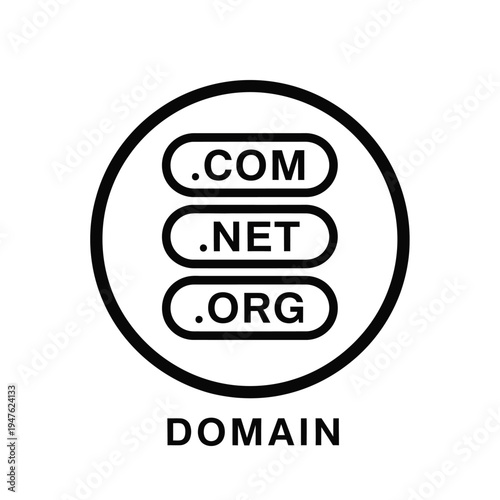 A simple black and white graphic depicts three common internet domain extensions stacked within a circular frame with the word domain high quality professional