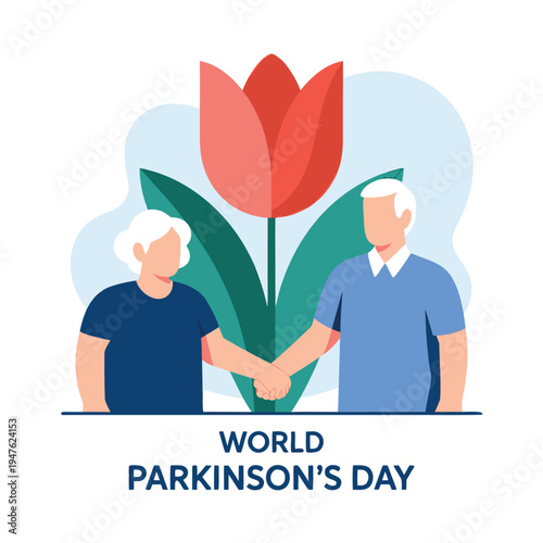 An illustration depicts an elderly couple with a tulip promoting world parkinson s day