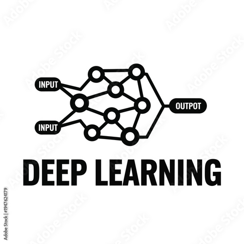 A black and white graphic depicts a neural network with labeled input and output nodes alongside the text deep learning high quality professional detailed modern elegant