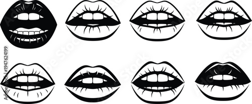 Set of Eight Black Silhouette Icons of Lips with Different Expressions Keywords: lips, mouth, silhouette, icon, set, black and