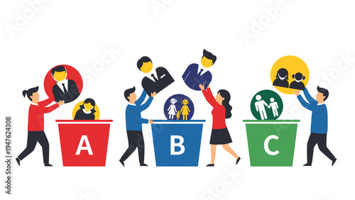 Business team sorting diverse people icons into categorized bins, illustrating data classification and grouping concepts.