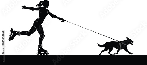 Woman in black silhouette rollerblading with dog on leash