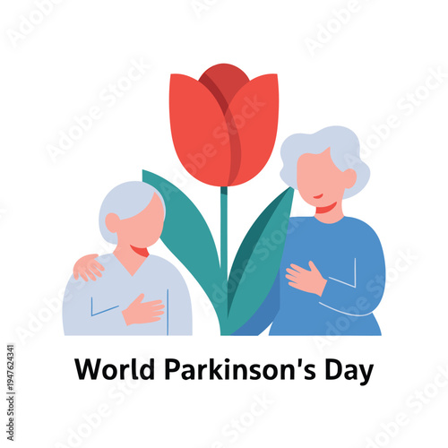Two elderly women stand near a red tulip representing world parkinson s day awareness