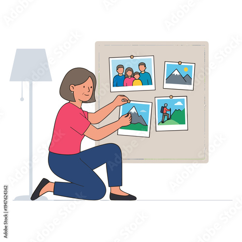 Woman decorates bulletin board with family photos at home indoors