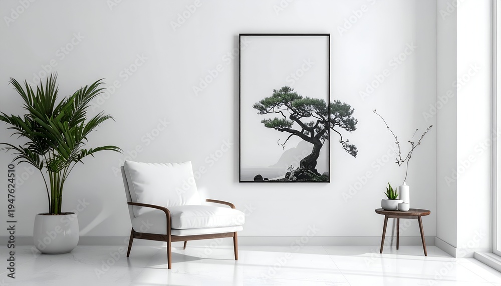 Fototapeta premium A bright, minimalist interior with a framed tree image, white armchair, potted plants, and small side table