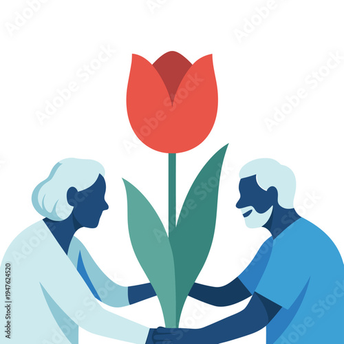 An illustration depicts an elderly couple lovingly tending to a vibrant red tulip high quality
