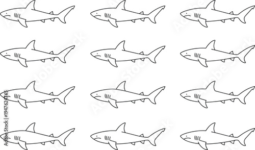 A Grid of Eleven Cartoonish Outline Sharks with Expressive Faces on a White Background drawing