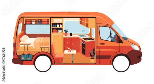 Detailed cutaway illustration of a modern orange camper van, showcasing its cozy interior with a bed, kitchen, and living area, perfect for adventurous road trips and nomadic lifestyles.