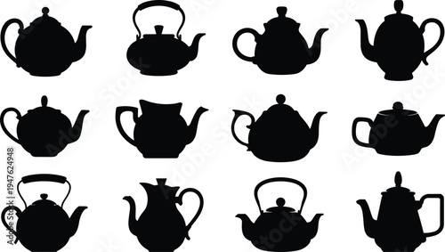 Assortment of Twelve Black Silhouette Teapots with Different Designs and Handles kettle drink