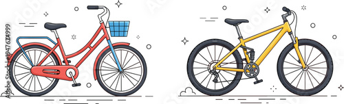 City bicycle and mountain bike collection with modern cycling transportation, sporty bikes vector illustration set for urban mobility and outdoor activity