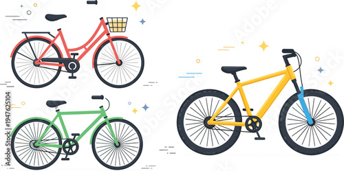 City bicycles and mountain bike collection with modern cycling transportation, sporty bikes vector illustration set for urban mobility and outdoor activity