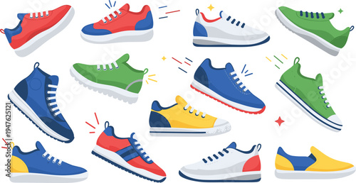 Colorful casual sneakers collection with sporty running shoes, modern streetwear footwear vector illustration set for fashion and lifestyle design