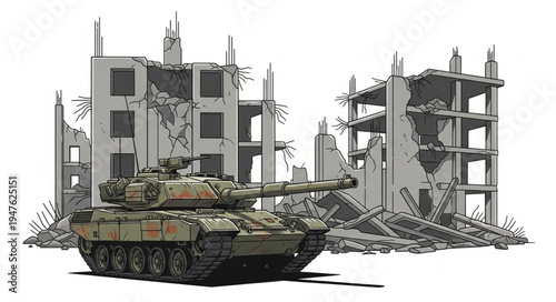 Military Tank Destroyed Building.