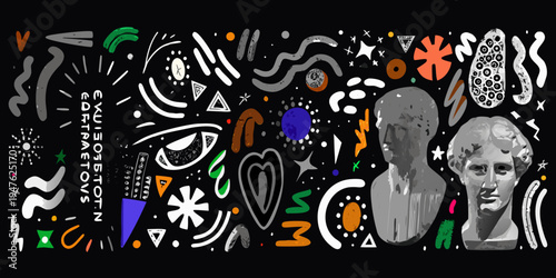 Abstract digital art featuring classical bust and colorful chaotic shapes