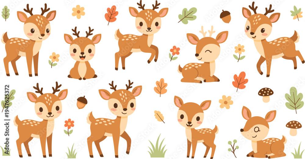 Fototapeta premium Cute baby deer collection with woodland forest elements, adorable cartoon fawn characters with leaves, flowers and mushrooms vector illustration set