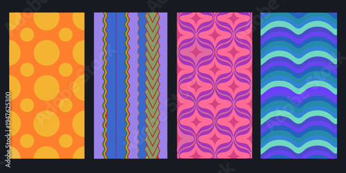 Four vibrant vertically oriented abstract patterned backgrounds displayed side by side