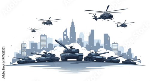 Military Vehicles City Skyline Scene.