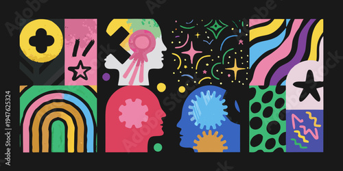 Abstract illustration featuring colorful head profiles and surreal elements