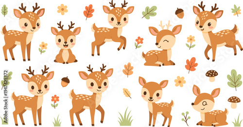 Cute baby deer collection with woodland forest elements, adorable cartoon fawn characters with leaves, flowers and mushrooms vector illustration set