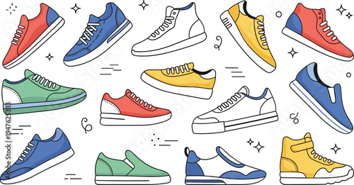 Colorful sneaker shoes collection with casual sport footwear, trendy street style sneakers vector illustration set for fashion and footwear design