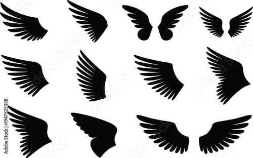 Collection of Twelve Black Silhouette Angel Wings and Feathered Wings on White Background Keywords: wings, angel wings, feather wings, silhouette, black, white background, graphic, design