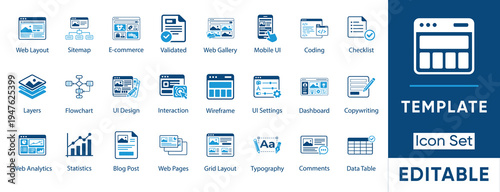 Template icon set. Containing wireframe, dashboard, analytics, ecommerce, ui, checklist, settings and more. Solid vector icons collection.