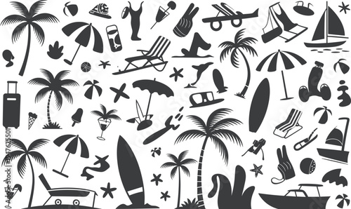 Extensive collection of black silhouette icons representing summer vacation and beach activities on a white background