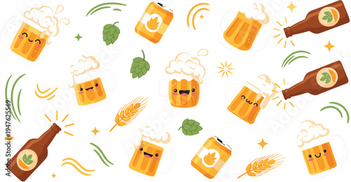 Cute beer mug and bottle characters seamless pattern with hops and barley, funny Oktoberfest beverage cartoon vector illustration background