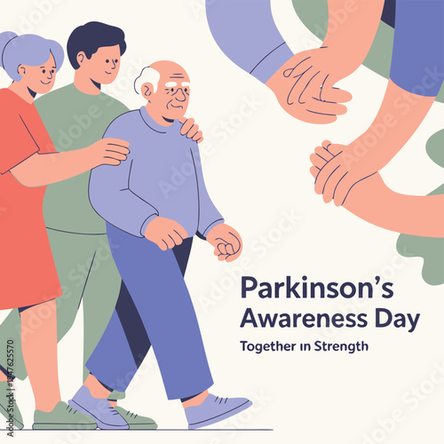 A group of people walk together supporting an elderly man for parkinson s awareness