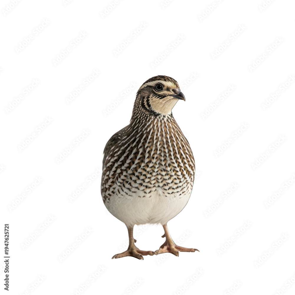 Obraz premium A close-up, studio-shot portrait of a plump, striped bird with a distinctive eye stripe