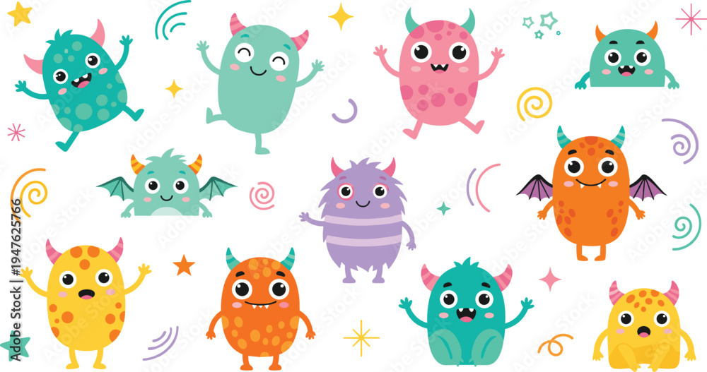 Naklejka premium Cute colorful monster characters collection with funny fantasy creatures, adorable cartoon mascots vector illustration set for kids and Halloween design