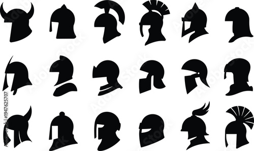 Set of Fifteen Black Silhouette Helmets Representing Different Warrior Styles and Eras headwear armor