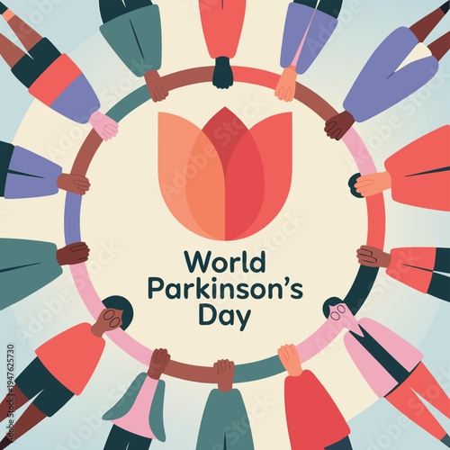 A diverse group of people form a circle around a tulip for Parkinson s day