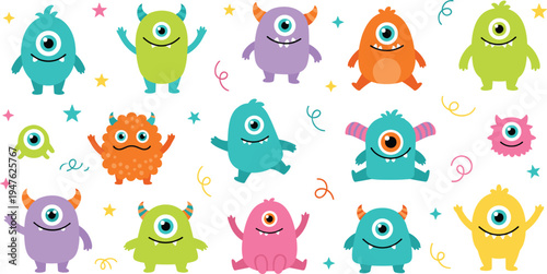 Cute cartoon monster characters collection with colorful one eyed creatures, funny fantasy mascots vector illustration set for kids design