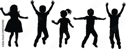 Silhouette of five children jumping with arms raised on a white background happiness