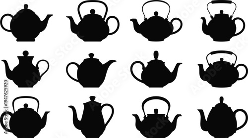 Twelve Black Silhouette Teapots in a Grid Format Featuring Diverse Styles kettle drink