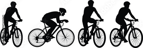 Black silhouette set of professional cyclists and mountain bikers riding bicycles isolated on white background for sports and fitness design
