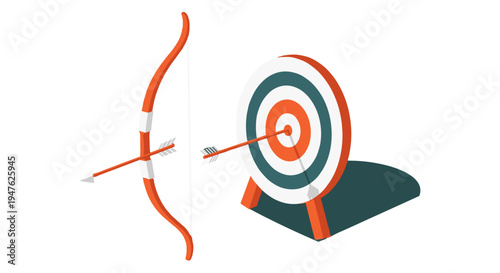 A vibrant red bow and arrow perfectly hit the bullseye of a circular target, symbolizing precision, achievement, and success in a competitive environment.