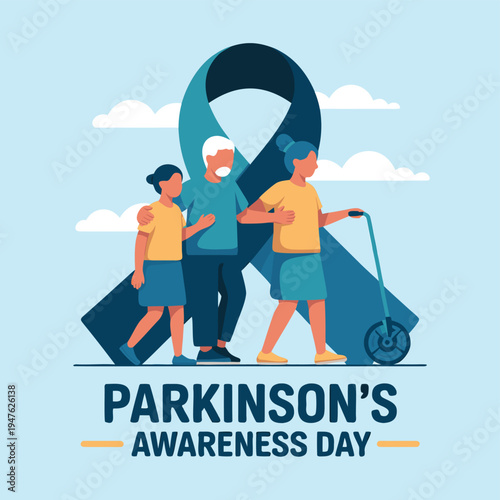 An illustration depicts a family supporting a senior with parkinson s emphasizing awareness high quality