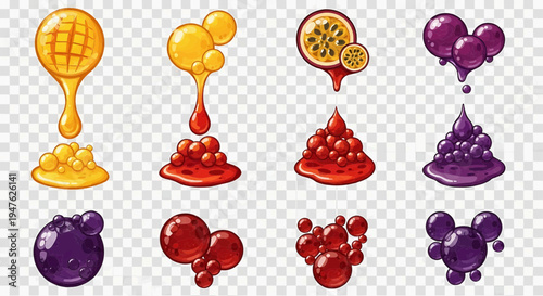 Colorful liquids and fruits are dripping down in a creative arrangement on a surface