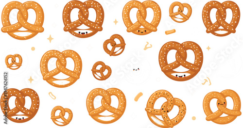Cute pretzel cartoon collection with funny bakery snack characters, salted twisted bread vector illustration set for food and bakery design