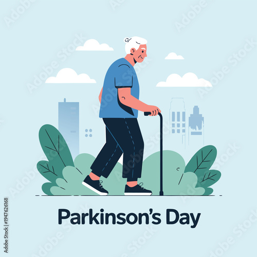 An elderly man walks with a cane in a city landscape highlighting parkinson s day