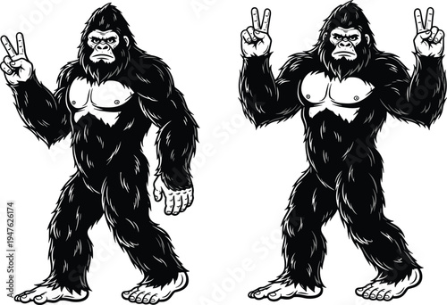 Black and white vector illustration of Bigfoot Sasquatch character set walking and showing peace signs in a retro mascot style