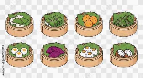 Steamed dumplings with various ingredients are served in bamboo baskets on a table.