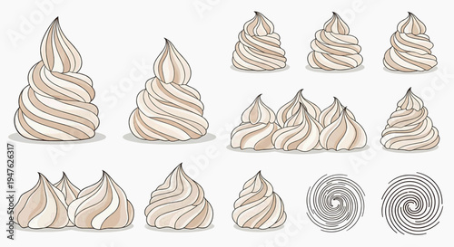 Meringue toppings are arranged on a surface in various sizes and shapes for dessert.