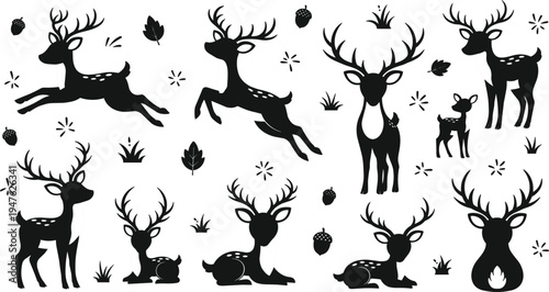 Deer and stag silhouette collection with forest plants and berries, elegant woodland animal black shapes vector illustration set