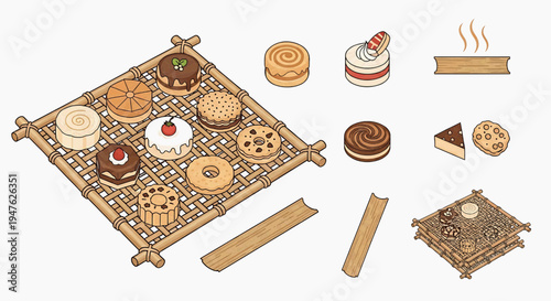 Assorted desserts and pastries arranged on a wooden tray and plate on a table