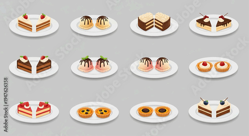 A variety of sweet desserts are displayed on white plates arranged on a table.