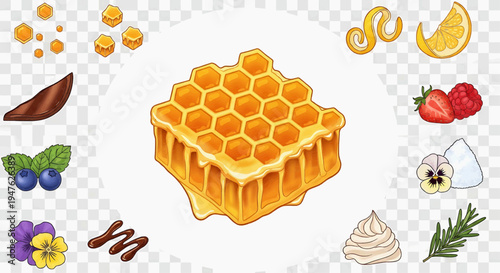 A vibrant illustration of honeycomb surrounded by various sweet food ingredients and fruits on a transparent background